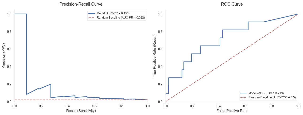 Precision-recall and ROC curves for the financial-risk classifier