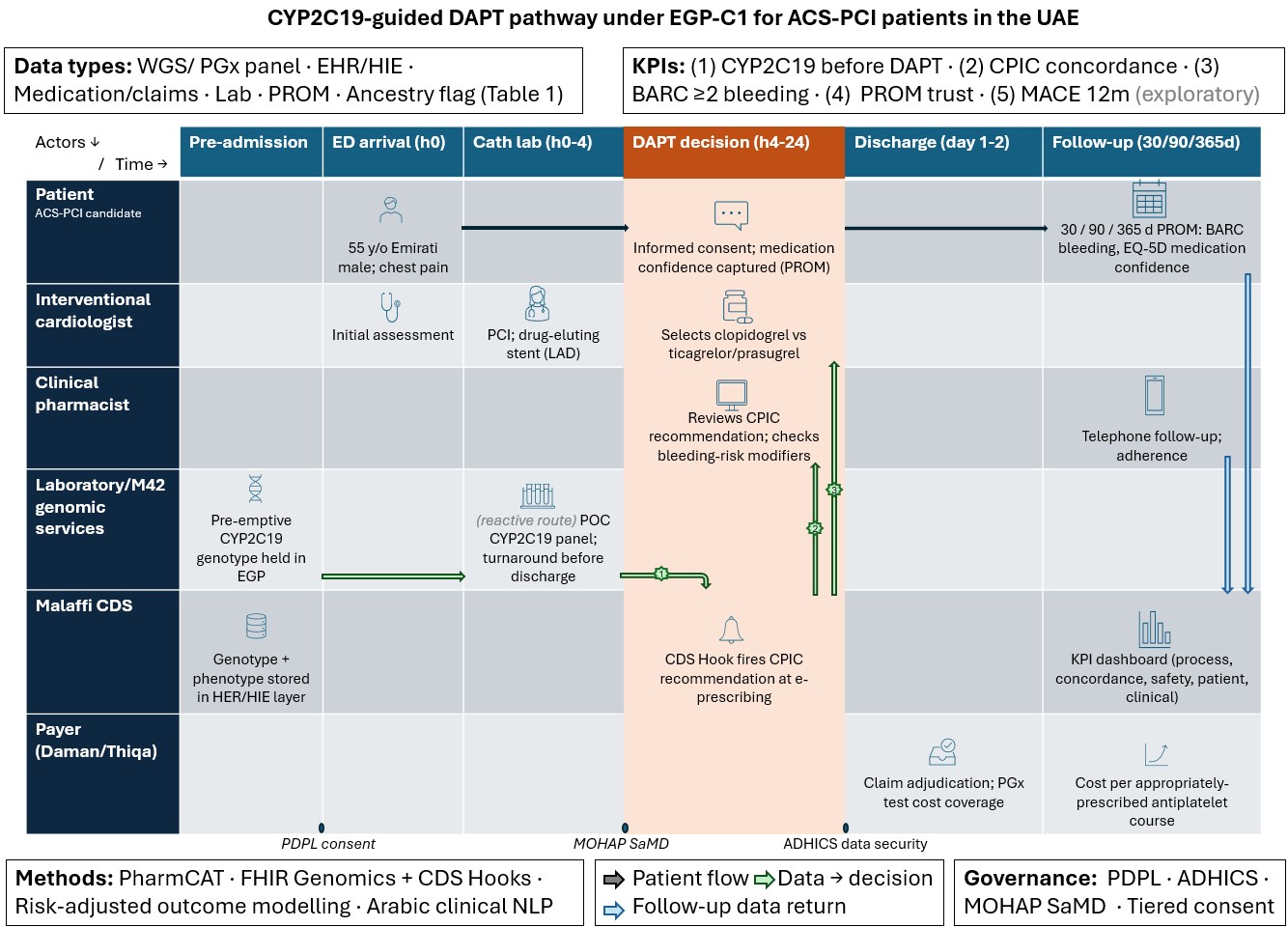 Swimlane diagram of the CYP2C19-guided dual antiplatelet pathway across actors and time